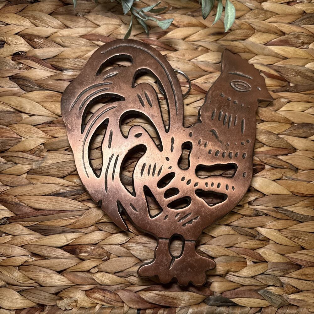 ODI Cast Iron Copper Colored Rooster Kitchen Trivet Hotplate Wall Hanging Vtg